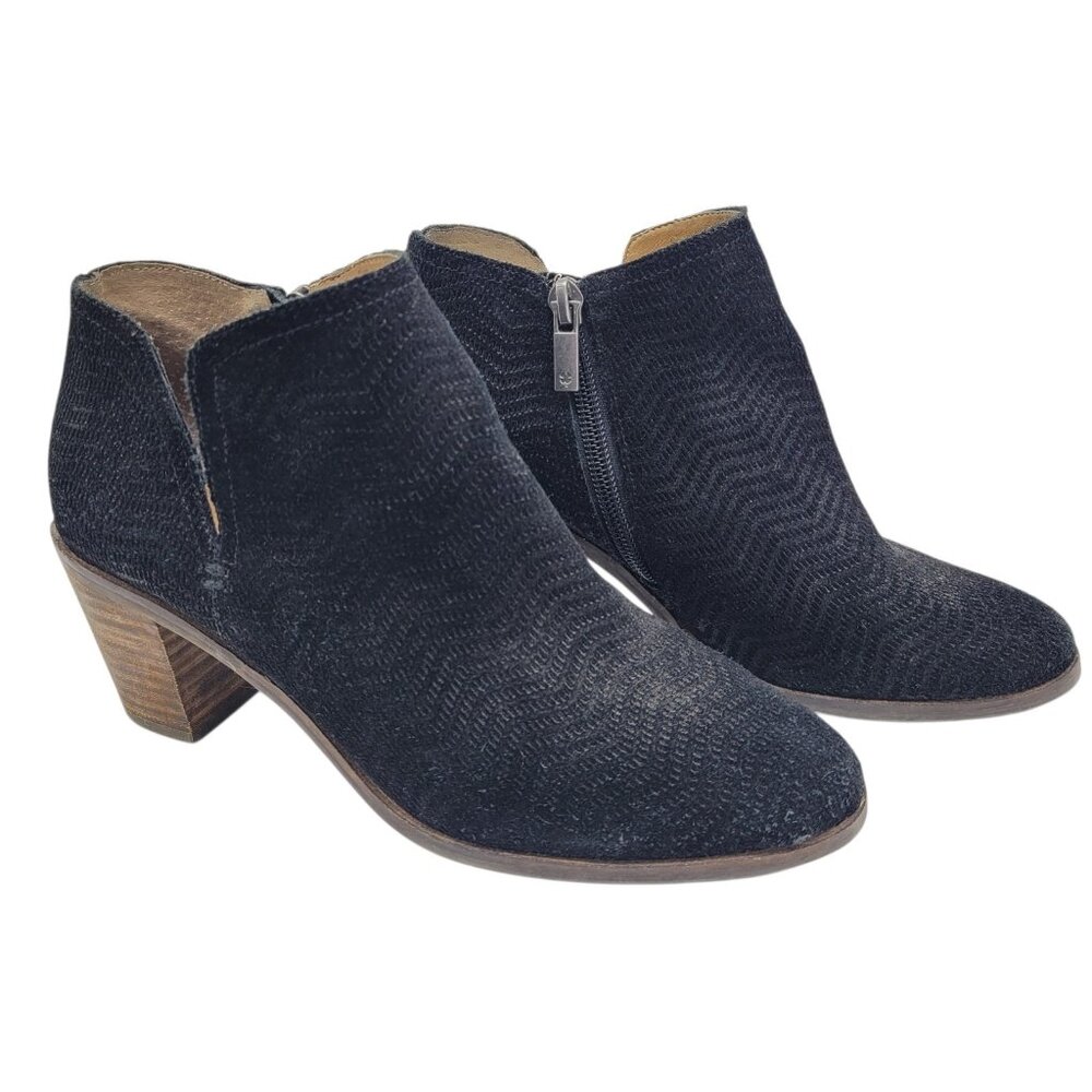 Lucky Brand Pickla Black Heeled Booties Sz 6.5M Suede Leather Chevron Pattern